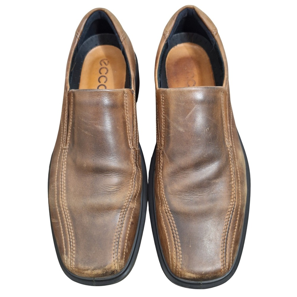 ECCO Mens Brown Leather Square Toe Slip On Loafers Size 10 Shock Point Shoes